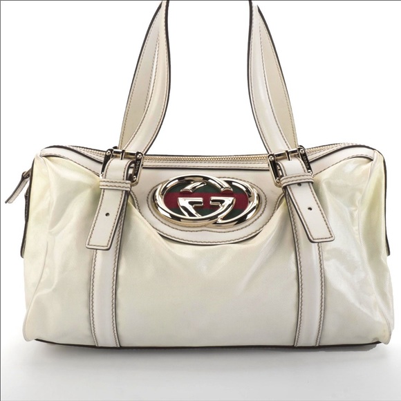 Vintage white Gucci bag 2000’s Y2K Boston Satchel coated twill and leather - Picture 1 of 10